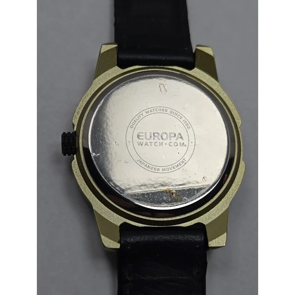 NRA Europa Quartz Watch Black Bezel Gold Tone Case Leather Band Mens New Battery